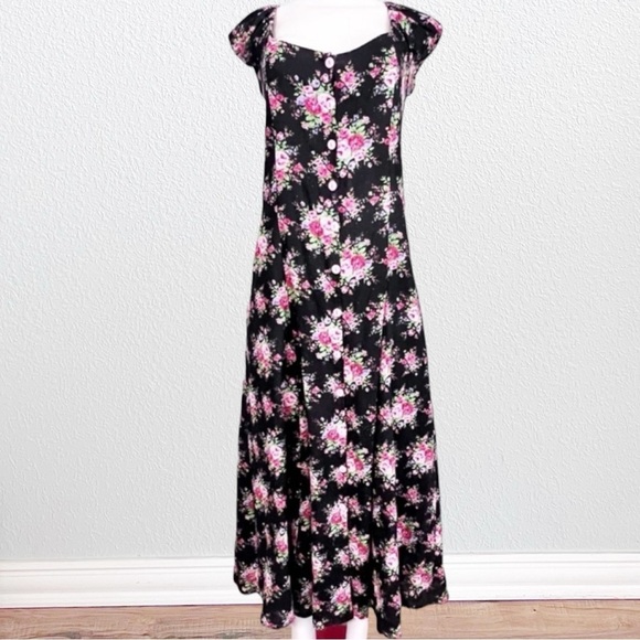 Dreams of Gauze Boho Artsy Cottagecore 80s 90s Floral Maxi Dress SZ M Black - Picture 2 of 10